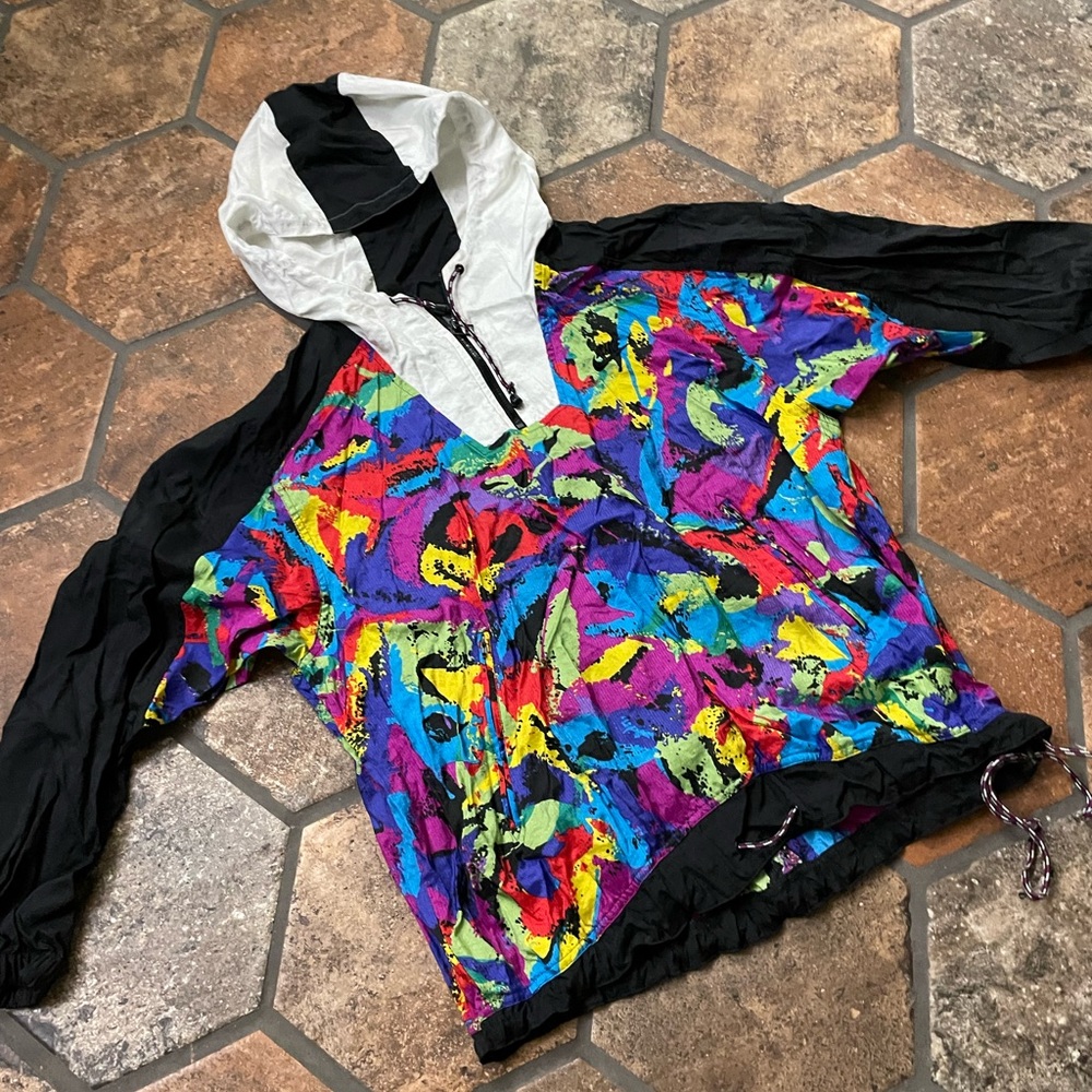 Vintage Nike windbreaker splatter paint neon hooded pullover color block M